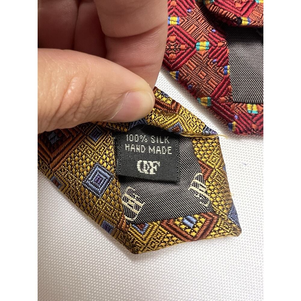 Set Of 3 DANIEL DE FASSON Handmade 100% Silk Tie Geometric Necktie Red Yellow - Picture 3 of 14